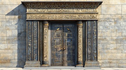 Ancient Egyptian-Style Stone Doorway with Hieroglyphics and Columns.