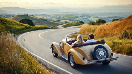Couple driving classic convertible car on scenic country road at sunset
