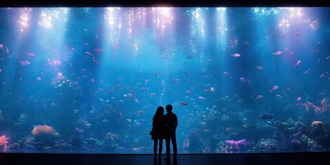 Couple admiring large aquarium with many fish, underwater scene, light shafts.