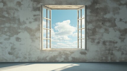 Empty interior room with a worn plaster wall showcasing a large window framed by white wooden shutters, revealing a bright blue sky with fluffy clouds and ideal space for text.