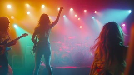 Female Band Performs Onstage Under Colorful Lights