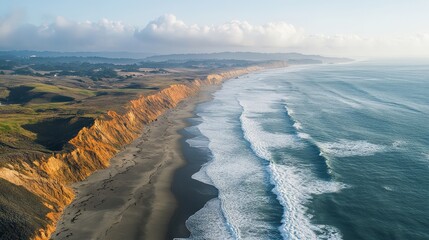 Aerial photograph of a rugged coastline with crashing waves and sandy shores, illustrating the dynamic interaction between land and sea.