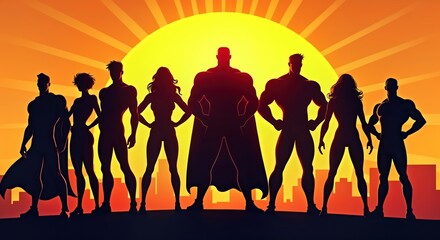 Powerful superhero team stands united. Strong silhouettes symbolize unity, teamwork. Diverse group of heroes stands confidently against city skyline. Sunrise sunset glow highlights determination.