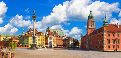 Cityscape, panorama, banner - view of Castle Square with Royal Castle in the Old Town of Warsaw, Poland