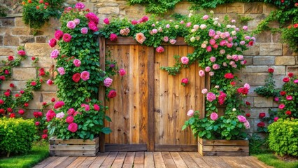 Wooden backdrop with lush greenery and blooming roses in a serene garden setting, surrounded by natural stone walls and vibrant flowers , serenity, outdoor decor