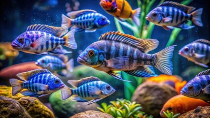 Stunning Frontosa cichlid portraits: elegant fish fashion in underwater aquarium settings.