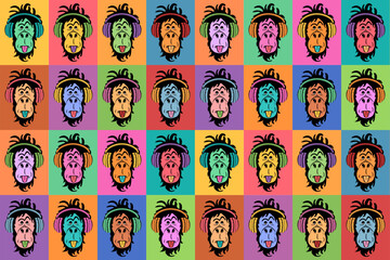 monkey dj pop art colorful rainbow checkered seamless pattern