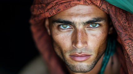 Portrait of a man wearing a linen veil. Desert outfit. 