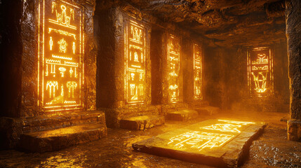 mysterious underground temple with glowing hieroglyphs and stone walls, evoking sense of ancient history and wonder