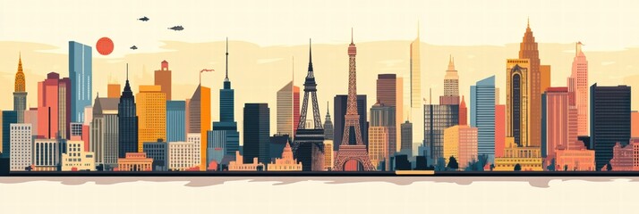 Iconic city skyline featuring famous landmarks at sunset with vibrant colors and modern architecture. Generative AI