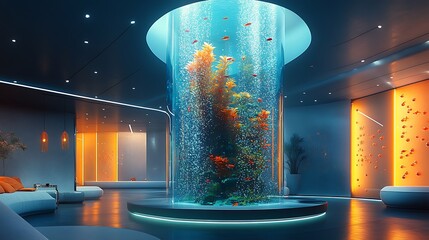 A cylindrical vertical aquarium with cascading bubbles and vibrant aquatic plants, housing exotic fish, placed in a sleek futuristic lounge with reflective glass accents and soft neon hues.