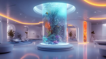 A cylindrical vertical aquarium with cascading bubbles and vibrant aquatic plants, housing exotic fish, placed in a sleek futuristic lounge with reflective glass accents and soft neon hues.