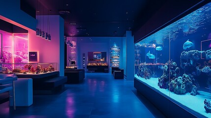 A futuristic fish tank with holographic projections of rare exotic fish, suspended in a sleek, high-tech luxury showroom, glowing with ambient neon lights, surrounded by minimalist glass furniture,
