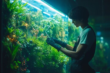 A focused worker wearing gloves diligently maintains a lush, vibrant range of plants in an aquarium, highlighting dedication and the beauty of aquatic life.