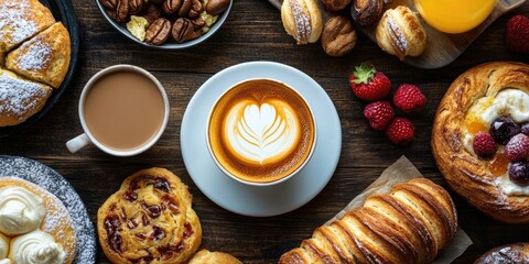 Delicious breakfast spread with coffee cup in center surrounded by pastries nuts and berries on rustic wooden table in warm tones