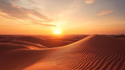 Golden sunset illuminating rolling sand dunes in desert landscape