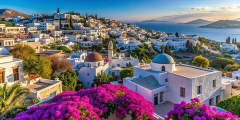 Aerial View of Bodrum's Historic Greek-Style Houses and Cityscape