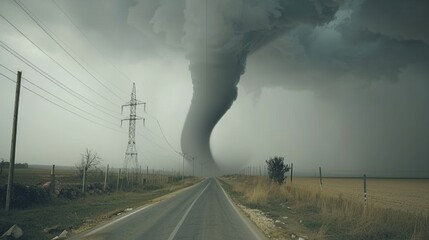 Small tornado near the road causing power line destruction