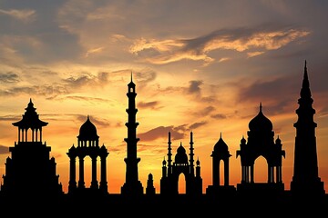 Silhouetted monuments against a vivid sunset highlight diverse iconic structures, creating a captivating visual contrast for design.