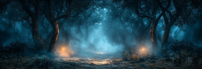 A surreal dark forest panorama, a fantasy landscape featuring an eerie portal in the forest at night