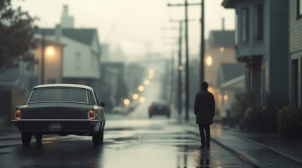 Man in coat standing on rain-slicked street, classic car parked behind.