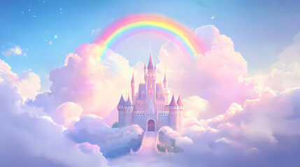 Rainbow unicorn castle in the cloud sky of fantasy background. Fantasy Castle. Illustration