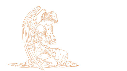 Praying angel illustration on a white background with copy space, minimalistic and serene design for spiritual or memorial themes.
