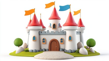 A colorful cartoon castle with red turrets, vibrant flags, and lush greenery, set on a stone pathway, evoking fairy tale imagery and playful imagination.