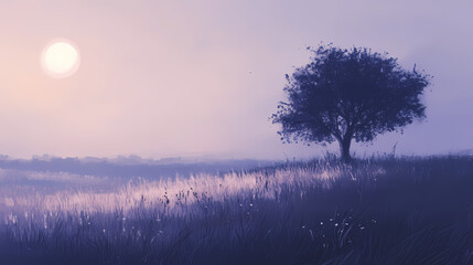 Meadow's evening veil, tranquil meadow enveloped in deepening shadows, serene landscape inviting exploration, minimalist design enhancing the sense of calm and mystery. Twilight Meadow. Illustration