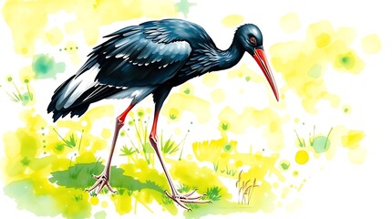 Black stork wading in yellow flowers.