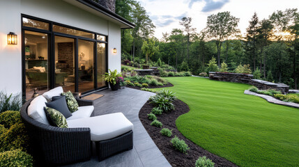 beautiful house with large bay window and lush green garden