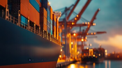 A container ship docked at a port with cranes and illuminated surroundings.