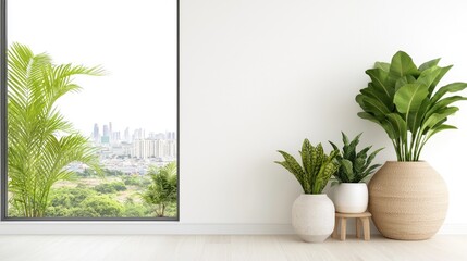 Modern apartment plants city view, interior design