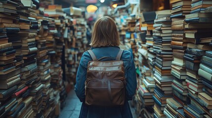 Woman Exploring Narrow Bookstore Aisle with Backpacks and Stacks of Books