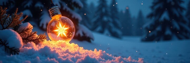 Glowing starlight bulb illuminates a snowy winter landscape, glow, gentle glow