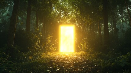 Glowing portal in mystical forest path; fantasy, adventure, escape