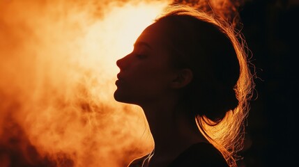 Serene Woman Silhouette in Orange Smoke, Sunset Backlight