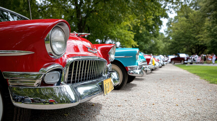 Classic vintage cars lined up at car show, showcasing vibrant colors and chrome details