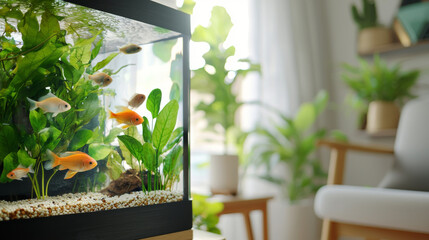 serene living room atmosphere featuring fish tank with colorful fish and lush green plants, creating calming and vibrant environment
