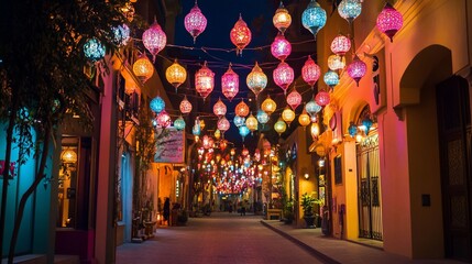 Illuminated night street with colorful lanterns.