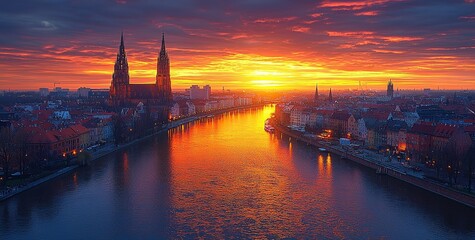 Z dala, widok na Ostrów Tumski, rzekę i południe miasta - Wrocław, Polska