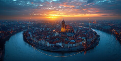 Widok z lotu ptaka na Ostrów Tumski, południe miasta oraz rzekę - Wrocław, Polska