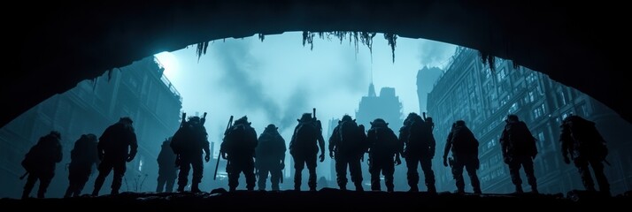 Silhouetted soldiers emerge from a dark tunnel into a post-apocalyptic city.