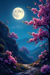 A full moon shines bright above a lush landscape of blooming trees and branches, Bloom, Branches, Twlight
