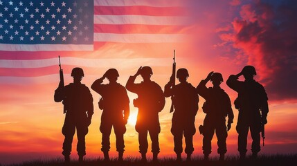 Silhouetted soldiers salute against a vibrant sunset, with the American flag prominently displayed, symbolizing patriotism and honor.