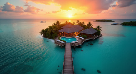Luxury overwater bungalow with private pool in a stunning tropical lagoon at sunset. The perfect escape for a romantic getaway or a relaxing vacation.
