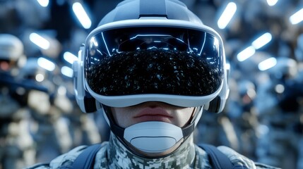 Futuristic soldier wearing advanced virtual reality helmet in digital environment
