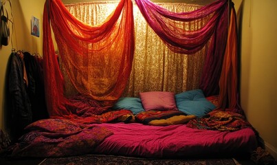 Cozy bohemian bedroom nook with colorful fabrics draped over a low bed, creating a relaxing and intimate atmosphere.