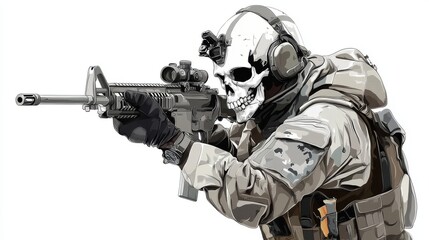 Illustration a soldier with a skull and a rifle on a white background