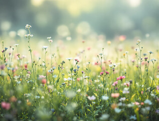 Spring meadow with wildflowers and morning mist